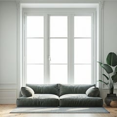 A minimalist living room with cleanlined baseboards and window casings