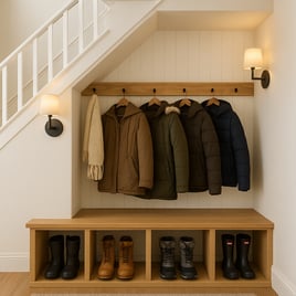 A mudroomstyle understair closet with cubbies for winter boots and coats-1