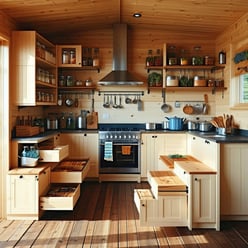 Cabin kitchens usually have limited square footage so make every inch countPullout pantry drawersCustom corner cabinetsBuiltin benches with hidden storage