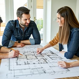 The contractor sits at a table with the homeowners carefully explaining various aspects of the design As they discuss the layout of rooms ensuring that the homeowners understand the projects scope and can provide feedback on their preferences and any-2