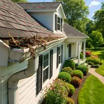 cluttered gutters and downspouts on a beautiful white house in the suburbs with a beautiful landscaping around the house on a gorgeous sunny summer afternoon-1