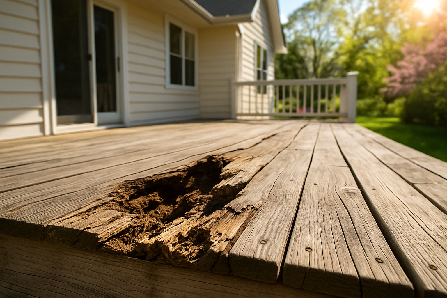 deep rot or warping on deck board on a deck of a beautiful home in the spring with the sun shining-2