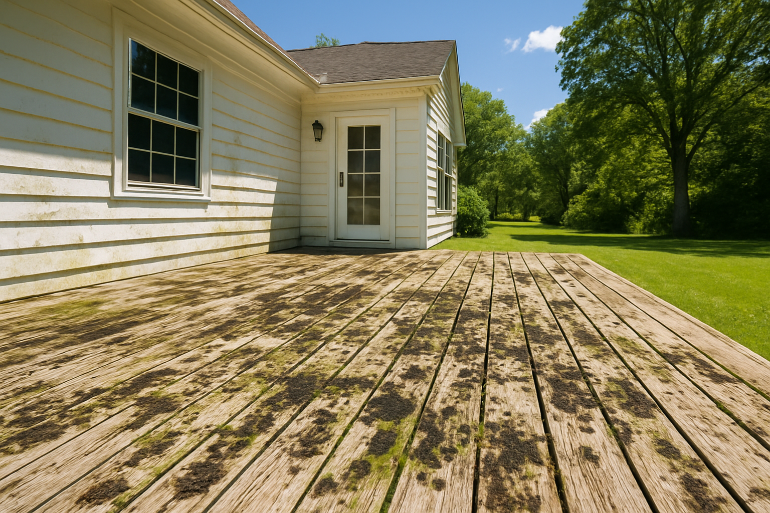 mold and mildew on a deck of a beautiful white home with a lush backyard in the distance and on a beautiful sunny summer day-3