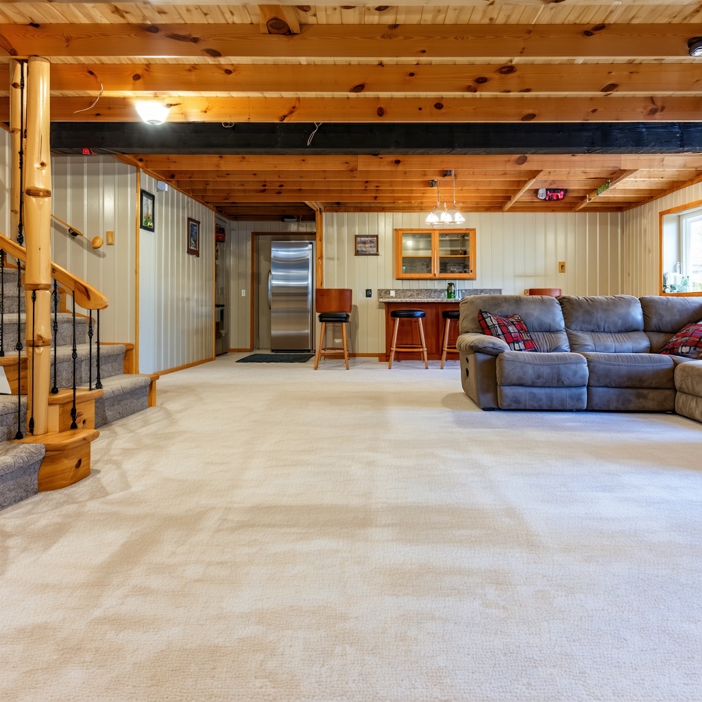 Finished basement rec room with stylish lighting and built-ins | Home Visions Carpentry